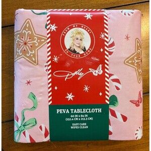 NEW Dolly Parton DG PEVA Table Cloth 60x84” Rectangle PINK Gingerbread Christmas